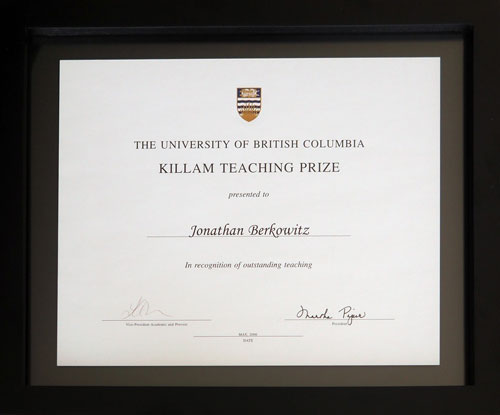 UBC Killam Teaching Prize Certiificate
